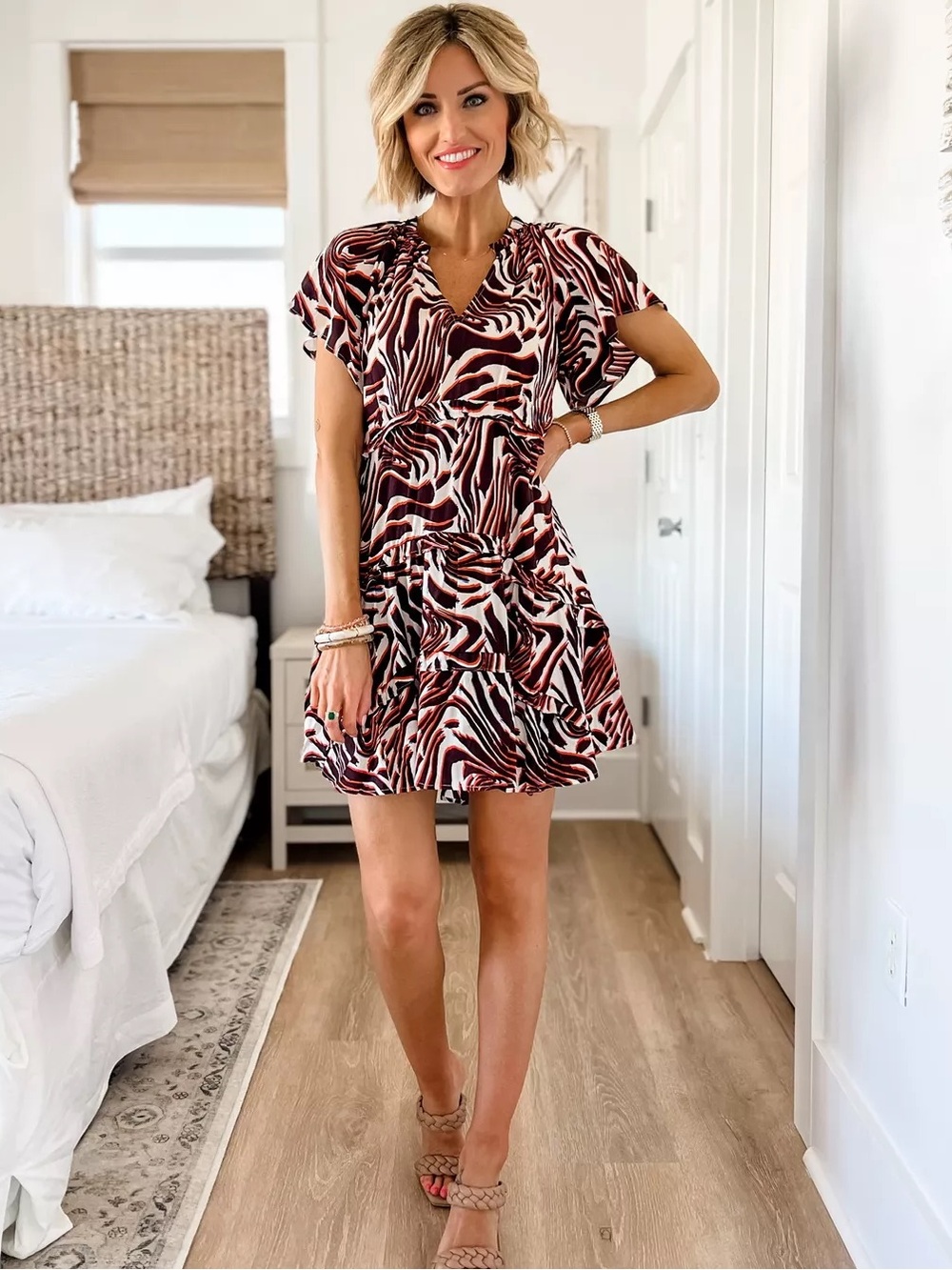 Anthropologie Robin Tiered Mini Dress Size Small Rust Zebra Print Tiered Ruffle